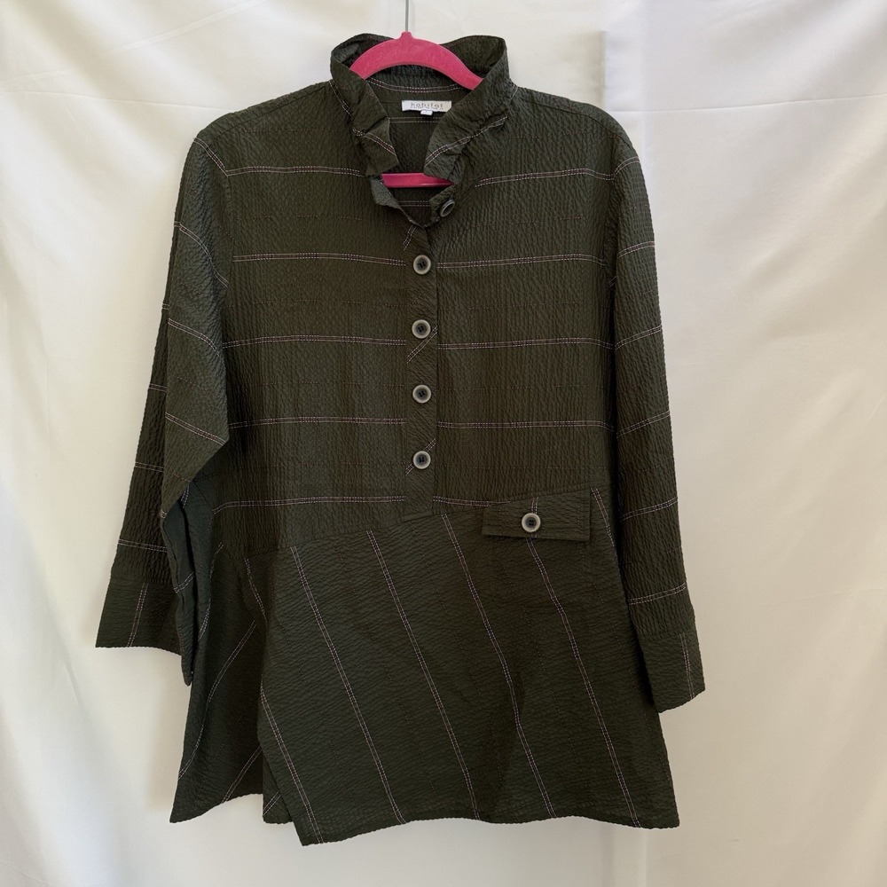 Habitat Olive Textured Stripe Pullover Button Tunic Top L Artsy Crinkle
